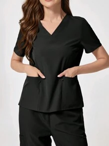 TaskEZ 纯色 V 领短袖制服手术服上衣 - 黑色 - 查看 6