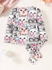 SHEIN 2pcs Baby Girl Cute Bow Kitty Print Long Sleeve Pajama Set, Soft & Comfy Home Sleepwear For Fall & Winter, For Christmas