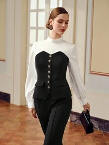 ZEYLAH BLUSA 2 EM 1 COM GOLA ALTA FALSA E DETALHE DE BOTÃO EM TOM BICOLOR - Preto e Branco - Visão 6