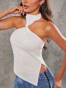 Denimoi 夏季扭领开叉不对称下摆露背上衣 - 白色 - 查看 1