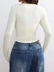 Flirla Áo thun bó sát cổ tròn tay dài vải Sherpa màu be - Màu be - Xem 2