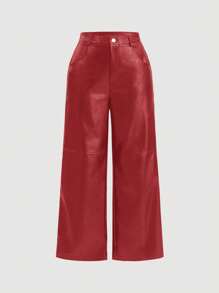 SHEIN MOD 加大码黑色纯色设计拼布侧袋仿皮直筒裤，适合冬季 - 紅色 - 查看 1