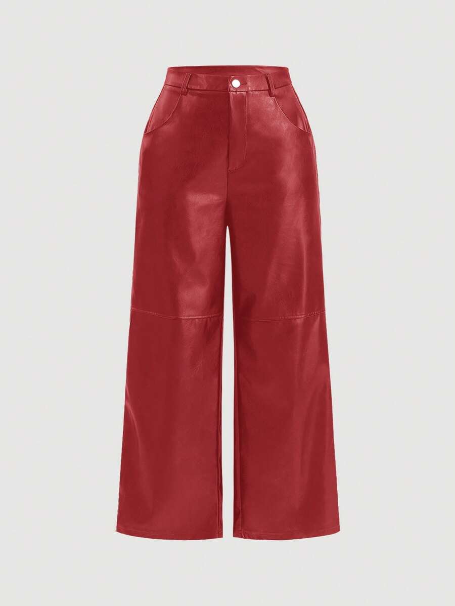 SHEIN MOD 加大码黑色纯色设计拼布侧袋仿皮直筒裤，适合冬季 - 紅色 - 查看 1