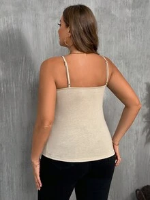 SHEIN LUNE 大码女式纯色休闲交叉吊带背心，夏季 - 卡其色 - 查看 2