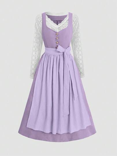 Fairmaia Blouse à manches longues en dentelle à col en V pour femmes & Robe Dirndl à encolure en cœur & Tablier amovible, Ensembles Dirndl 3 pièces, pour l'Oktoberfest