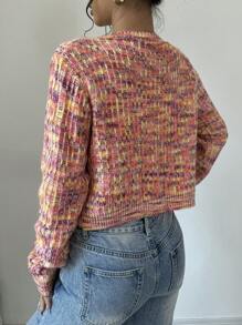 Chiquease Áo len cardigan ngắn tay đơn hàng ngày cổ tròn in họa tiết đầy đủ cho nữ mùa xuân và mùa thu - Hồng - Xem 2