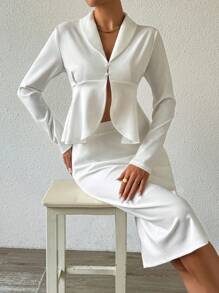 Chiquease Conjunto elegante blanco para mujer - Parte superior con dobladillo asimétrico y falda ajustado con volantes - Blanco - Ver 4