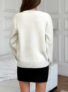 EURMUSE Women V Neck Red Rhinestone Detailed Elegant White Sweater - White - View 2