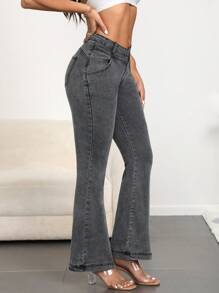 SHEIN Essnce Vaqueros casuales lavados y ajustados con pierna acampanada - Negro - Ver 5
