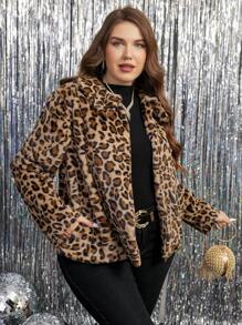 SHEIN Clasi Plus Size Casual Leopard Print Fleece Jacket, Fall/Winter