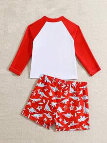 2 piezas Conjunto de traje de baño para niño bebé con parte superior de manga raglán de color contrastante y bóxer de natación con estampado de dinosaurio de dibujos animados para vacaciones de playa de verano - Multicolor - Ver 2
