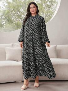 Al Najma Plus Size Ditsy Floral Lantern Sleeve Long Dress For Spring & Autumn, For Summer - Black and White - View 5