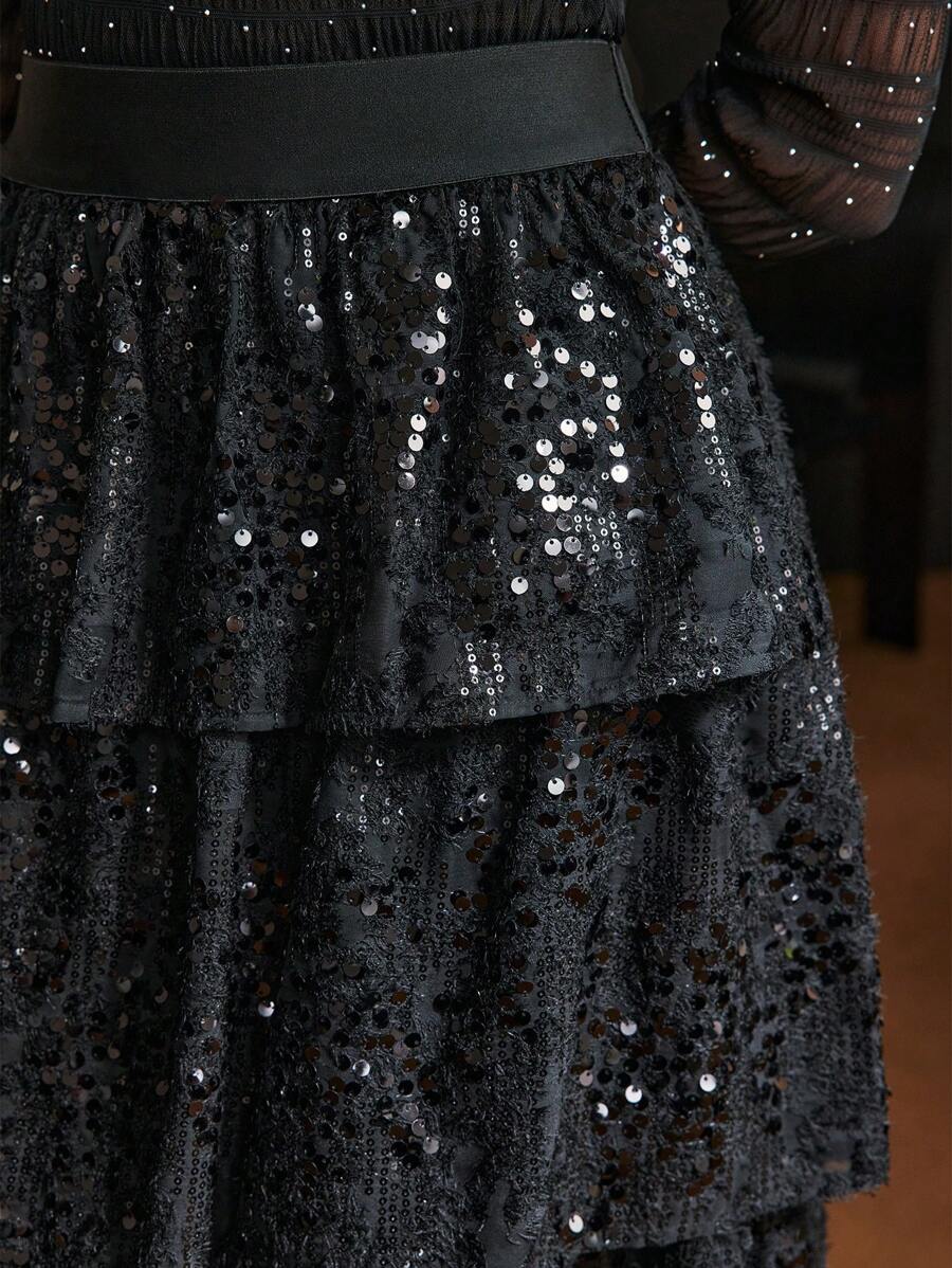 MOTF Soiréza 亮片层叠荷叶边下摆短裙 - 黑色 - 查看 2
