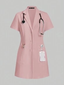 TaskEZ Women Scrubs  Uniform Button Front Hospital Nurse Scrub Dress Lab Coat Clothe 2 Front Pockets+ One Inner Pocket - Pink - View 2