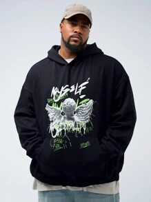 Manfinity VCAY Plus Size 1pc Men's Casual Angel Print Loose Drop Shoulder Hoodie Pullover Suitable For Autumn