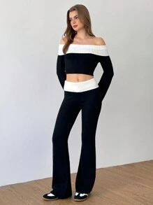 SHEIN Unity 2 Pieces Women's Solid Color Patchwork Off-Shoulder Long Sleeve Sweater And Pants Casual Set - Black and White - View 5