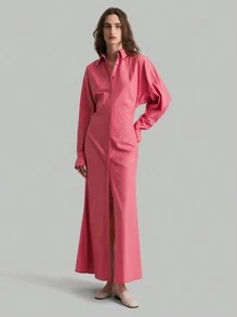 Ontre Women's Elegant Minimalist Light Pink Long Dress, Winter Cotton Fall Dresses