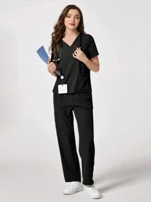 TaskEZ 纯色 V 领短袖制服手术服上衣 - 黑色 - 查看 3