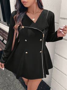 SHEIN LUNE Áo khoác Blazer tay dài đơn giản có nút và khóa kéo cỡ lớn dành cho trang phục thường ngày, Áo khoác dạ nữ gợi cảm Quần áo mùa đông - màu đen - Xem 4