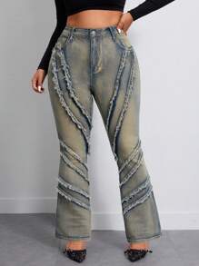 Plus Size Distressed Denim Wide Leg Jeans Fall Women Clothes - Light Wash - View 3