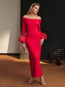 MOTF Soiréza SOLID OFF SHOULDER LANTERN SLEEVE SPLIT HEM SLIM FIT COCKTAIL DRESS - Red - View 6