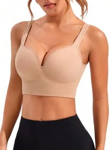 SHEIN Cheerettes 女士无缝固定罩杯运动胸罩，无可拆卸垫的高强度运动胸罩，带缝制垫的运动胸罩，带不可拆卸垫的高强度支撑模制罩杯，适用于女士高支撑工字背心、健身、瑜伽、跑步 - 杏色 - 查看 8