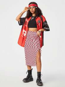 SHEIN EZwear Women's Slit Bodycon Houndstooth  Skirt, Suitable For Summer - Burgundy - View 4