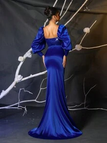 SHEIN Belle Vestido longo Azul Marinho Elegante com Mangas de Lanterna, Gola V Profunda de Tule Transparente, Splice com Paetês, Cinto, Fenda Alta Lateral, Bainha de Cauda de Sereia até o Tornozelo, para Casamentos, Ocasiões Formais, Vestido de Festa de Manga Longa, para Convidado de Casamento - Azul Royal - Visão 3