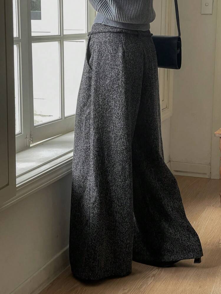 Loose-Fit Business Casual Wide Leg Pants With Pockets & Belt, For Women Fall/Winter
