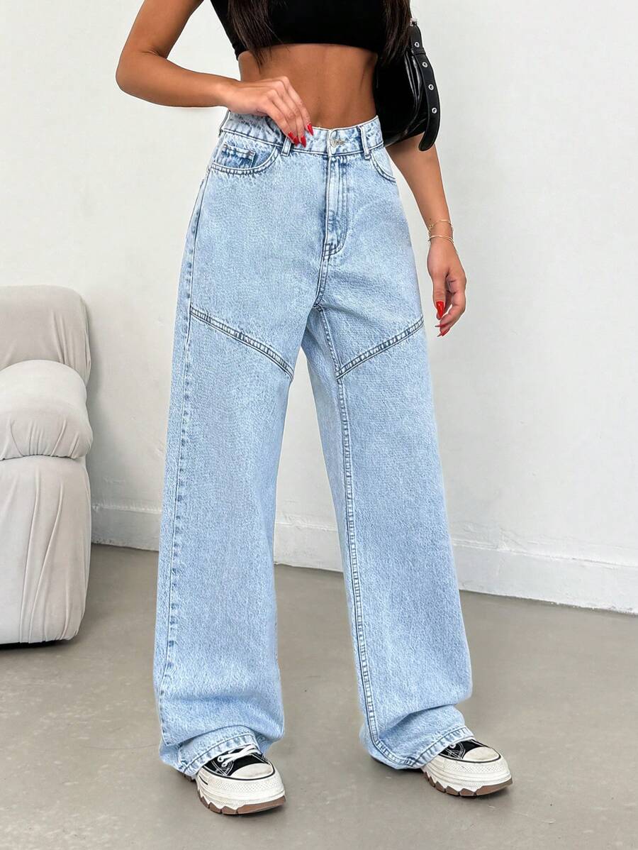 SHEIN Cottnline 100% Cotton High Waist Sewing Detailed Wideleg Jean - Light Wash - View 1