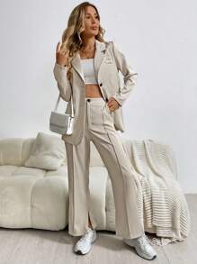 Chiquease 2024秋冬新品杏色清爽休闲西装套装，通勤，约会，聚会，博主同款（高品质） - 米色 - 查看 4