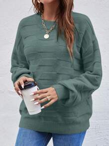 EMERY ROSE 纯色圆领长袖简约套头毛衣，休闲日常穿着，长袖上衣，秋冬针织衫 - 橄欖綠 - 查看 6