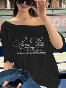 INAWLY 女士夏季标语印花不对称领口短袖休闲 T 恤图案 T 恤女式上衣 - 黑色 - 查看 5