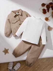 SHEIN 3 Stücke Set aus Baby Jungen Jacke aus strukturiertem Stoff, Rollkragenpullover und Hose - Verschiedenfarbig - Übersicht 9