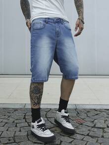 Manfinity Homme 男士简约前扣口袋休闲牛仔短裤 - 中等水洗藍 - 查看 5