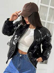 Comfortcana Black Zip Up Quilted Lined Baseball Collar Winter Coat - Black - View 12