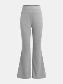 2sets Tween Girl Basic Grey & Black Long Sleeve Knit Top & High Waist Flare Knit Pants Sets