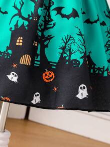 Infant Girls' Cute & Elegant Black-Green Halloween Horror Pattern Cap Sleeve Waistband Bow Swing Dress, Winter