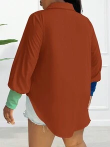 Maweii 大码彩色纽扣刺绣字母纯色衬衫 - 鏽棕色 - 查看 2