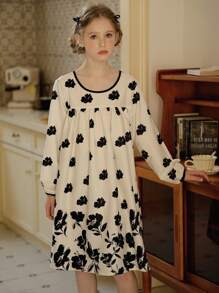 SHEIN Tween Girls 复古宽松设计蕾丝花卉刺绣中长连衣裙，适合度假、秋冬季 - 白色 - 查看 8