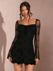 SHEIN BAE فستان نسائي متوسط الطول مزين بشريط الدانتيل الأسود مع تصميم الكشكشة