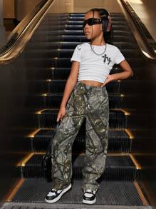 SHEIN Explorewe Tween Girl 酷炫休闲迷彩牛仔长裤，街头大胆优雅校园风 - 彩色 - 查看 5