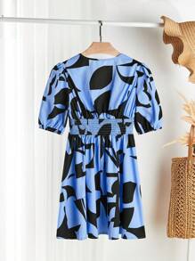 SHEIN LUNE Women's V-Neck Short Sleeve Allover Print Ruched Casual Mini Dress - Blue - View 2