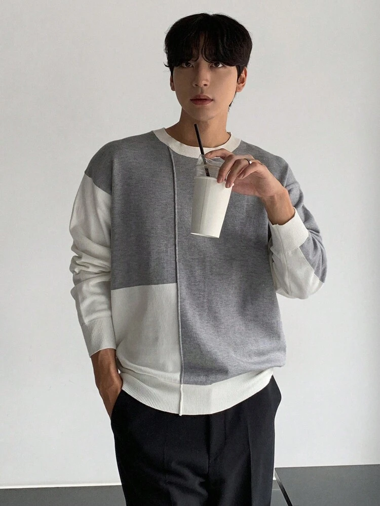 Men's Color Block Patchwork Knit Sweater, Autumn