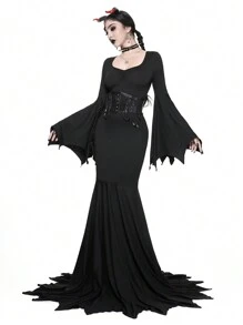 ROMWE Gothic Halloween Flare Sleeve Solid Black Mermaid Hem Dress With Sweetheart Neckline For Women - Black - View 4