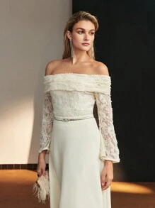 MOTF Soiréza LACE RUCHED FOLDOVER OFF SHOULDER PARTY TOP - Apricot - View 4