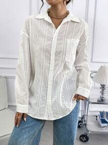 SHEIN Essnce Blusa de manga larga con calado blanco para mujer, blusa formal de oficina con cuello cisne de malla sexy