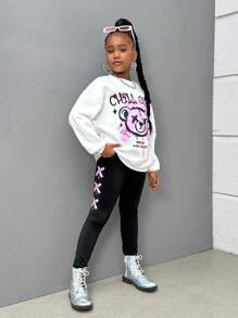 SHEIN Leap Crew Tuta sportiva in pile con girocollo e pantaloni, set per ragazze pre-adolescenti di - Bianco e nero - Visualizzare 7