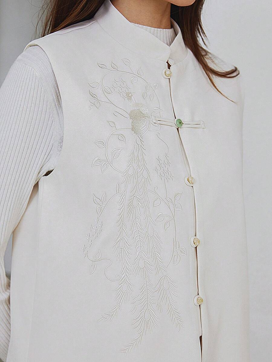 SHEIN Privé 女士优雅无袖刺绣纽扣休闲夹克 - 米色 - 查看 1