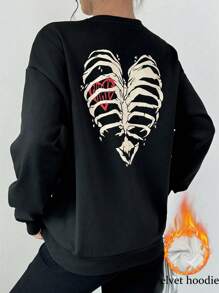 Chiquease Sudadera casual de cuello redondo de manga larga con estampado de corazón de esqueleto simple para uso diario, tipo pullover para otoño - Negro - Ver 1
